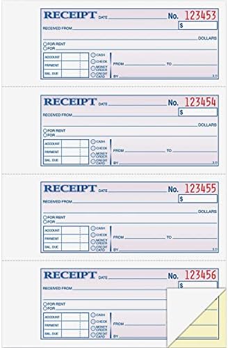 Adams Money and Rent Receipt Book, 2-Part, Carbonless, White/Canary, 7-5/8" x 10-7/8", Bound Wraparound Cover, 200 Sets per Book, 4 Receipts per Page (DC1182)