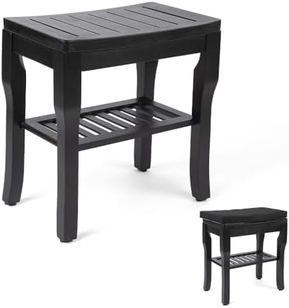 StrongTek Bamboo Shower Bench Seat with Cushion, Shower Stool with Storage Shelf, Lightweight, Non-Slip, Quick-Drain Design, 350 lbs Capacity, Ideal for Bathroom, Spa, Sauna, Living Room
