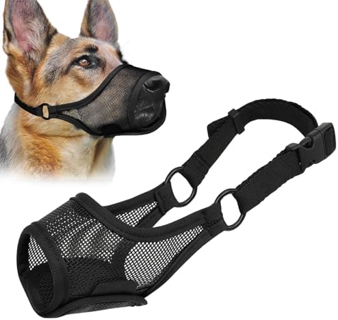 LUCKYPAW Dog Muzzle, Mesh Muzzle for Large Medium Small Dogs, Soft Mouth Guard for Biting Chewing, Breathable Mouth Cover with Adjustable Hook and Loop for Training, Grooming(Black, S)