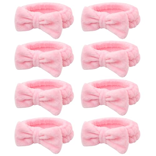 Semato 8 Pcs Pink Spa Headband for Washing Face and Makeup Bridesmaid Proposal Gifts for Women Coral Fleece Skincare Headbands Elastic Bow Head