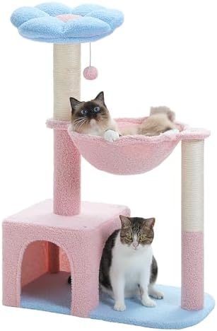 Flower Cat Tree with Large Metal Frame Hammock, 35" Pink Cat Tower with Sisal Scratching Posts for Small Indoor Cats, Cat Condo with Blue Top Perch for Kittens, Fluffy Ball, Pink