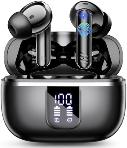 Wireless Earbuds Bluetooth Headphones, Bluetooth 5.4 Headphones Stereo Bass, Ear Buds with 4 ENC Noise Cancelling Mic, 38H Playtime with LED Display, IP7 Waterproof Wireless Headphones for Android iOS
