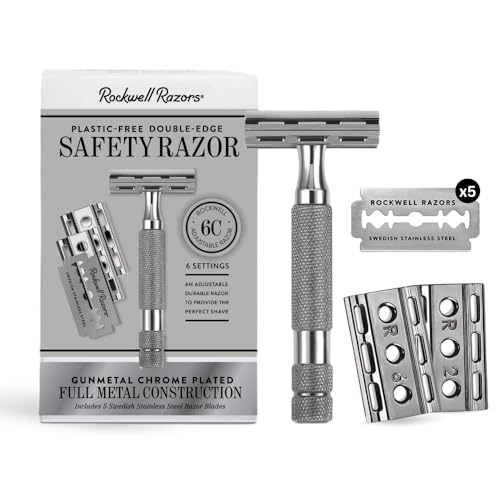 ROCKWELL RAZORS 6C Gunmetal Chrome Safety Razor With 6 Adjustable Shave Settings and 5 Fully Recyclable Razor Blades. Reusable Safety Razors for Men and Women.