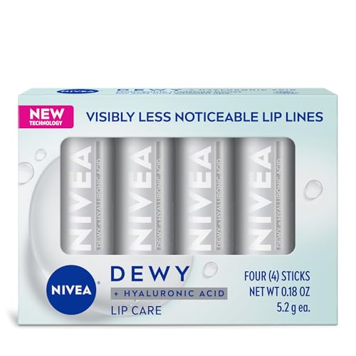 NIVEA Dewy Lip Balm with Hyaluronic Acid, Leaves Visibly Less Noticeable Lip Lines and No Waxy Feel, 0.18 Oz, Pack of 4