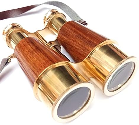 Antique Solid Shiny Brass Binoculars for Adults and Kids with Leather Neck Strap, 6 Inches Compact Nautical Binoculars for Bird Watching, Hunting and Sport Games (Replica)