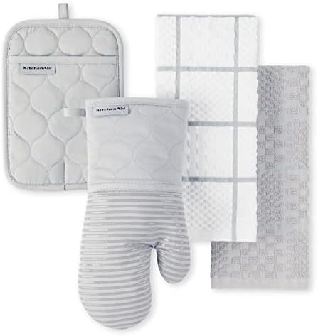 KITCHENAID Quilted Cotton Terry Cloth Oven Mitt, Pot Holder, Kitchen Towel 4-Pack Set, Heat Resistant, Silicone Grip, 16"x26", 7"x13" & 7"x10", Matte Grey