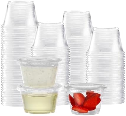 TashiBox [100 Sets - 4 oz Portion Cups With Lids, Small Plastic Containers with Lids, Airtight and Stackable Souffle Cups, Jello Shot Cups, Sauce Cups, Condiment Cups for Lunch, Party, Trips