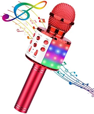4 in 1 Karaoke Wireless Microphone with LED Lights, Portable Microphone for Kids, Great Gifts Toys for Kids, Girls, Boys and Adults (Red)