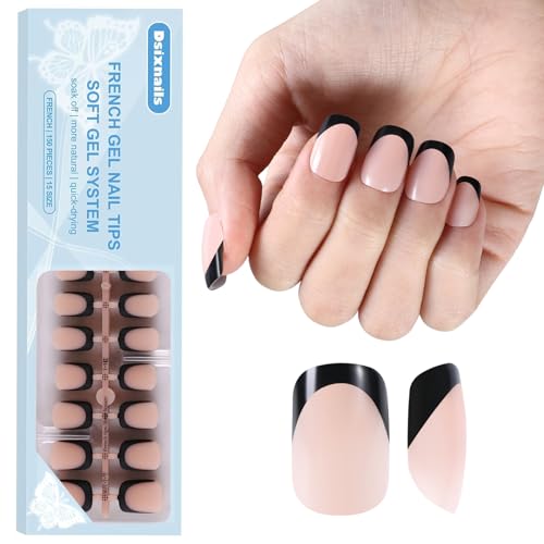 Press on Nails, 150pcs Short Nude Black French Tip Press on Nails, Square French Gel Nail Tips, Pre-Lasting French Tip Nails, Acrylic Soft Gel Nail Tips, Fake Nails for Women Nail Art DIY