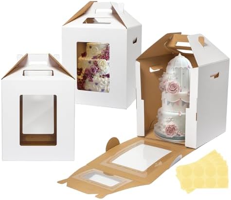 3 Pack Tall Cake Boxes for Tier Cakes 10x10x12 Inch Disposable Layer Tall Cake Baking with Window Large Tierd Bakery Take Out Transport Containers with Handle for Wedding, Birthday, Party