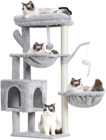 Heybly Cat Tree, 39.4 Inches Tower Condo with Scratching Post, Cat Tower for Indoor Cats, Fully Wrapped Sisal Pole, Soft Platform, 2 Baskets and Dangling Toy, Light Gray HCT006SW