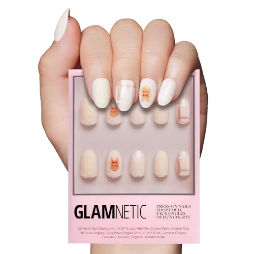 Glamnetic Press On Nails - Gingerbread Knit | Graphic Gingerbread Sweater Knit 3D Opaque Short Oval False Nails, Reusable Stick On Fake Nails with Glue | Salon Quality | 15 Sizes - 30 Nail Kit