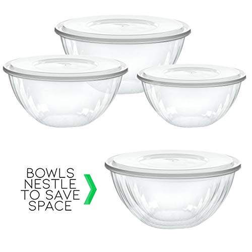 PLASTICPRO Disposable 48 Ounce Round Crystal Clear Plastic Serving Bowls With Lids, Party Snack or Salad Bowl, Chip Bowls, Snack Bowls, Candy Dish, Salad Container Pack of 4