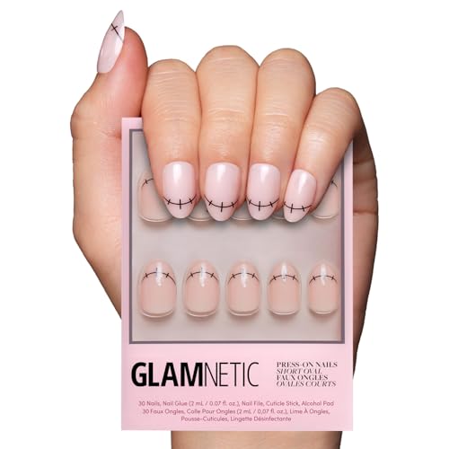 Glamnetic Press On Nails - Frankenbabe | Semi-Transparent Stitched Tip Graphic Short Oval False Halloween Nails, Reusable Stick On Fake Nails with Glue | Salon Quality | 15 Sizes - 30 Nail Kit