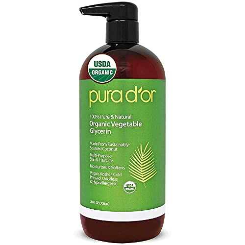 PURA D'OR Organic Vegetable Glycerin (24oz) Derived from Coconut,100% Pure Premium Grade,Clear & Odorless,Non-GMO,Kosher,Vegan,Cold Pressed,Hair,Skin & DIY Base (Packaging may vary)