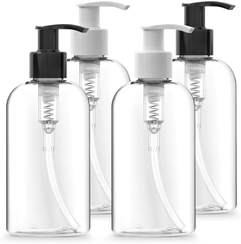 Bar5F 4-Pack Plastic Bottles with Pump Dispenser, 8.5 oz | Leak Proof, Empty, Clear Refillable, BPA Free for Body Wash, Moisturizer, Face Cream, Liquid Soap | Black & White Pumping Caps | Set of Bulk
