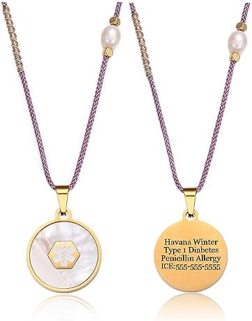 Medical Alert Necklace for Women Shell & Gold-Tone Stainless Steel Emergency ID Tag Pendant Necklace for Girls Custom Engraved Medical Alert Jewelry