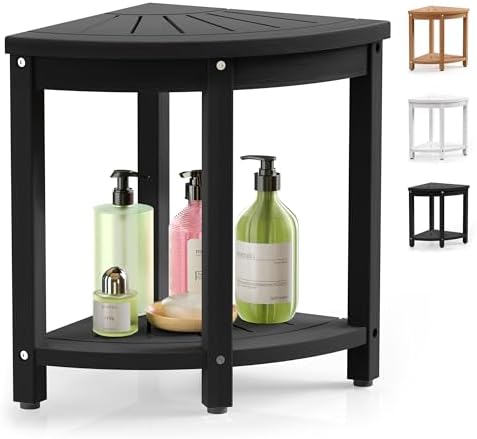 Corner Shower Stool for Inside Shower Waterproof, HIPS Poly Lumber Shower Bench Seat Chair, Bath Shower Stool for Shaving Legs Foot Rest with Adjustable & Non-Slip Feet, Load 400 lbs, Black