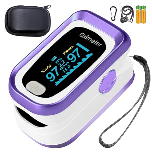 TYNDALL Fingertip Pulse Oximeter, 4 Data Pulse Oximeter with Respiration counter, Pulse Oximeter with Respiratory, Pulse Oximeter with Alarm, Oximetry with Batteries and Carry Bag and Lanyard(Purple)