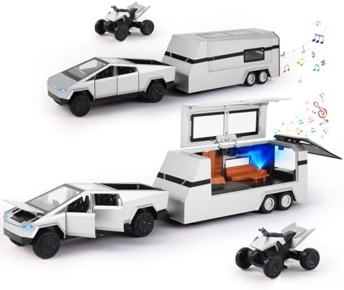 1/32 Cybertruck Toy Car Metal Model for Kid, Alloy Diecast Pickup Trailer RV Model Kit, Toy Truck with Sound and Light, Off-Road Vehicle Collection for Boy Girl Toddler Birthday