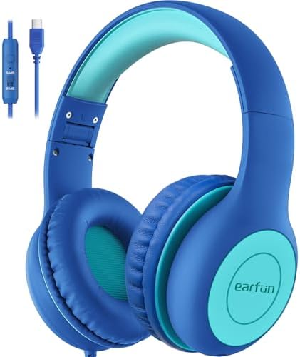 EarFun Kids Headphones with Microphone, 85/94dB Volume Limit, Portable Wired Headset with SharePort, Stereo Sound, Foldable for School/Tablet/PC/Kindle, Type C