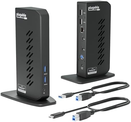 Plugable USB 3.0 and USB-C Universal Laptop Docking Station with 2 HDMI Ports for Windows, Mac, and ChromeOS (Gigabit Ethernet, Audio, 6 USB Ports)