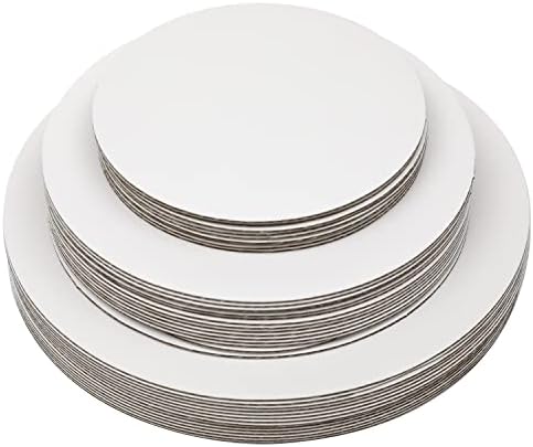 qiqee 36 Packs Cake Boards Round 6/8/10 Inch White Cake Circles Rounds Base Food-Grade Cardboard Cake Plate（3 Size/12pcs Each,Thinner But Stronger）