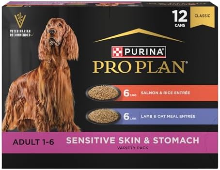 Purina Pro Plan Sensitive Skin and Stomach Wet Dog Food, Salmon and Rice and Lamb and Oat Meal Variety Pack - (Pack of 12) 13 oz. Cans