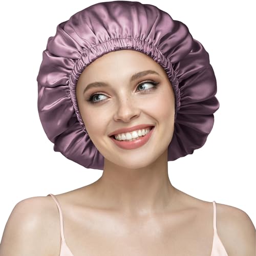 YFONG Double Layered 100% Silk Bonnet for Sleeping Women, 22 Momme Pure Mulberry Silk Sleep Cap with Adjustable Elastic Band Stay On Head，Reduce Frizz, Keep Hairstyle, Soft & Breathable, PlumPurple, M