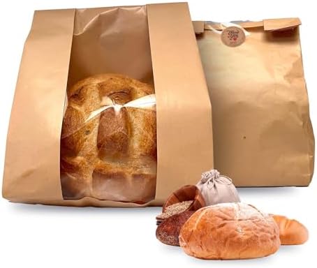 50pcs, Paper Bread Bags with window, Large bakery bread bags for homemade baked goods, Sourdough, Snacks, Packing Storage, Gifting Bag, Bonus Sticker Seal, Kraft Paper, 13.6 x 8.25 x 3.75 inches