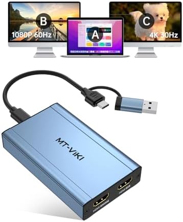 MT-VIKI HDMI Splitter Extended Display for Dual Monitors/Multi-Monitor, 4K@30Hz & 1080P@60Hz, USB 3.0 & USB C Adapter to HDMI for Windows & Mac