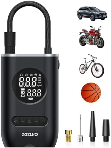 Tire Inflator Portable Air Compressor-ZGZUXO 150PSI Cordless Air Pump for Car Tires with Pressure Gauge LED Light, Electric Bike Tire Pump for Car Motorcycle Bicycle Ball, Bike Accessories