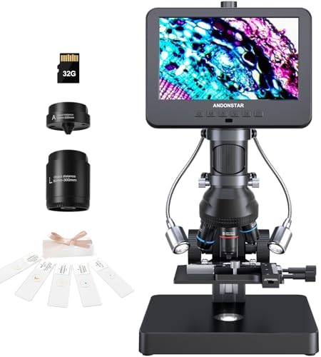 Andonstar AD266S 20X-5000X HDMI Digital Microscope, 5 Lens 2160P UHD Video Record, 7'' LCD Microscope for Adults Kids, Home Lab Biological Microscope Kit with Slides, Coin Microscope Full View
