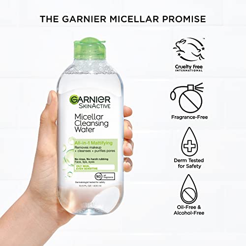 Garnier Micellar Water for Oily Skin, Facial Cleanser & Makeup Remover, 13.5 Fl Oz (400mL) 2 Count (Packaging May Vary)