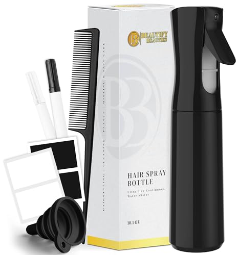 BeautifyBeauties Continuous Spray Bottle - Hair Spray Bottle Bundle with Comb, Markers, Labels - Plant Mister Spray Bottle for Plants, Water Spray Bottle Fine Mist Sprayer (Black 10.2)