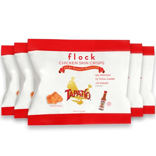Flock Keto Chicken Skin Chips | Tapatio Flavor | Low Carb, High Protein, Sugar Free, Gluten Free Fried Chicken Skins for People | (1oz) 8-Pack Crispy Flock Chips