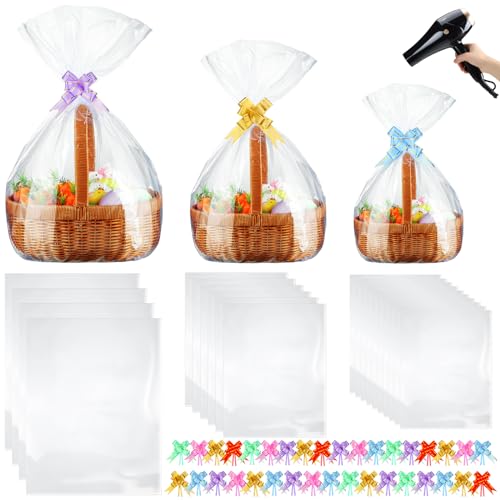 CHENGU 80 Pcs 3 Sizes Shrink Wrap Bags for Gift Baskets 20" x 28" 16" x 24" 14" x 18" Clear PVC Heat Shrink Cellophane Bags and 6 Color Pull Bows for Present Baskets Packaging