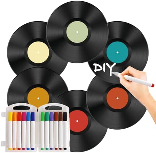 Leptetek 6 PCS Vinyl Records Decorations 12 Inch with Markers, Double Side Tape and Vinyl Center Label, Vintage Record Decor for Wall Aesthetic, Rock & Roll Music Party Decor