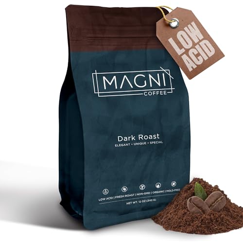 Magni Coffee - Ground - Dark Roast - Low Acid - Single Origin USDA Organic Non-GMO Beans Third Party Tested For Mycotoxins & Pesticides - Fair Trade -12 Oz