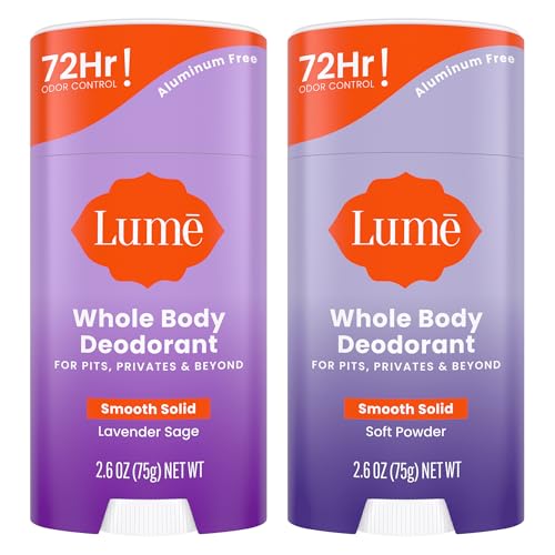 Lume Whole Body Deodorant - Smooth Solid Stick - 72 Hour Odor Control - Doctor Developed - Aluminum Free, Baking Soda Free and Skin Loving - 2.6 Ounce, Pack of 2 (Soft Powder & Lavender Sage)