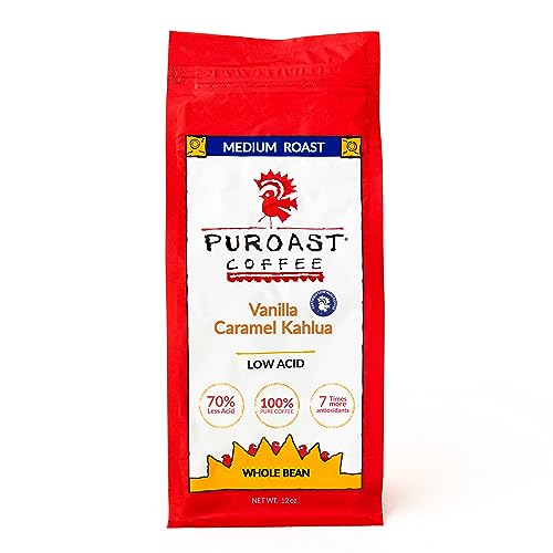 Puroast Low Acid Coffee Whole Bean | Vanilla Caramel Kahlua Whole Bean | Medium Roast | High Antioxidants & High pH |No Bitter Aftertaste | Reduced Heartburn & GERD | Suitable for Cold Brew - 12 oz