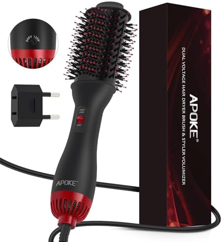 Dual Voltage Hair Dryer Brush with UK Plug Blow Dryer Brush for European Travel 110V-120V/220V-240V One Step Hot Air Brush and Styler Volumizer with Negative Ion Anti-frizz (Black+red)