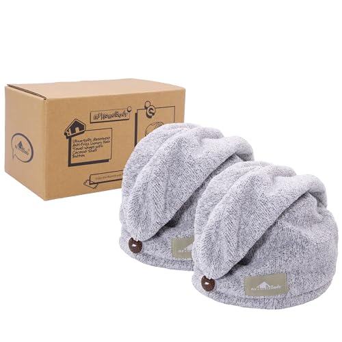 myHomeBody Hair Towel Wrap, Luxury Rapid-Dry Hair-Drying Turban, Ultra Soft and Quick Drying Absorbent Charcoal Fiber, with Coconut Shell Button – 2 Pack