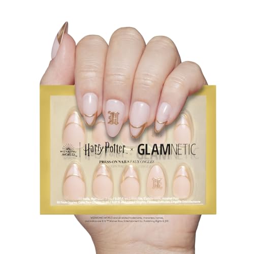 Harry Potter™ x Glamnetic Press On Nails - Hufflepuff™ | Gold Foil French Tip 3D Graphic Short Almond False Nails, Reusable Stick On Fake Nails with Glue | Salon Quality | 15 Sizes - 30 Nail Kit