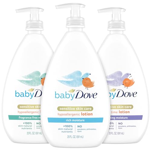 Dove Baby Lotion Bundle – Sensitive Skin Care Hypoallergenic Lotion, Nourishing & Hydrating Baby Lotion for Newborn, Rich Moisture, Calming Moisture & Fragrance Free Moisture, 20 Oz (3 Piece Set)