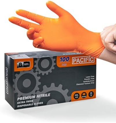 PACIFIC PPE Strength Nitrile Industrial Orange Gloves, 8 Mil, Diamond Texture Disposable Heavy-Duty, Powder Free, Medium, 100 Count