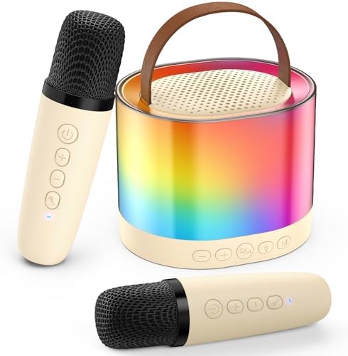 JYX Mini Karaoke Machine for Kids Adults, Portable Bluetooth Speaker with 2 Microphones, Support TF/AUX Input/Funny Magic Voice, Gifts for Birthday Party (Beige-2Mic)