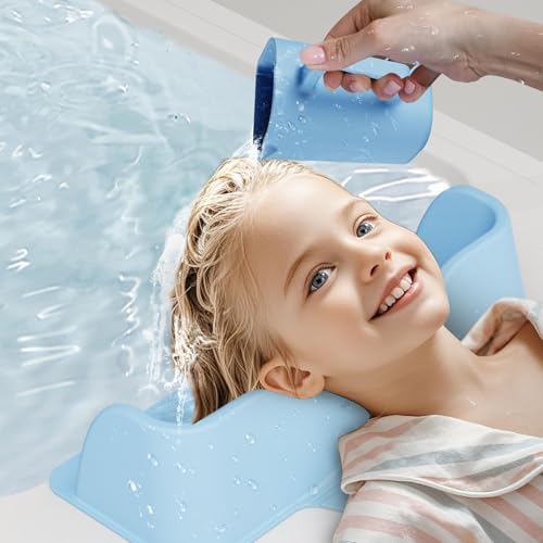 Silicone Portable Hair Wash Station for Kids, Hair Washing Basin with Rinse Cup for Children, Toddlers and Teens on Bathtub or Sink, Tear-Free Shampoo Bowl for Children (Blue)
