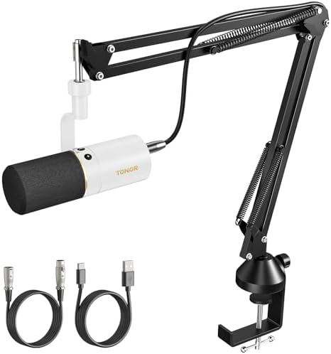 TONOR Dynamic Microphone, USB/XLR PC Microfono with Boom Arm Stand for Podcast, Recording, Streaming & Gaming, XLR Cardioid Studio Mic for Music & Voice-Over with 3.5mm Headphones Jack, TD510+, White
