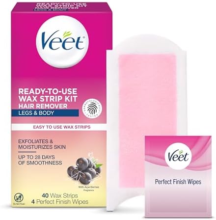 Veet Ready-To-Use Waxing Kit For Women | Wax Strips For Body Hair Removal, Wax Kit For Ingrown Hair Treatment, Personal Care Product, Hair Remover | 40ct Waxing Strips, 4ct Body Wipes